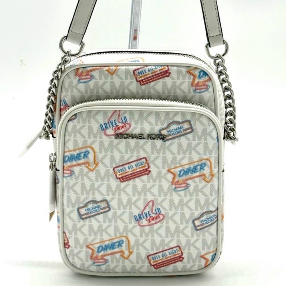 Michael Kors Jet Set Medium Printed Signature Logo Crossbody Bag Optic White - Picture 2 of 9